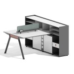 meja kerja dua orang berhadapan yang dilengkapi high cabinet